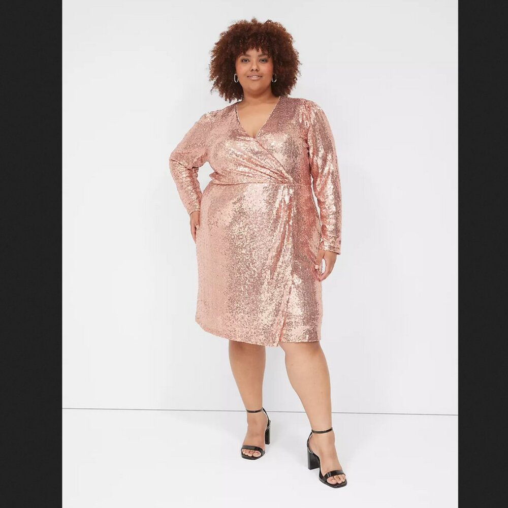 Lane Bryant Surplice Pleat-Waist Sequin Dress, rose gold champagne sequin, 20 - Picture 1 of 12